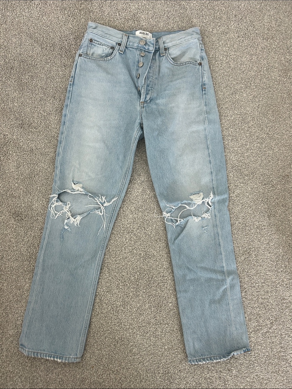 Agolde Light Wash Distressed Straight Jeans - Pale Blue